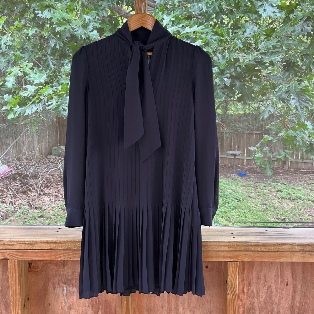 Kate Spade Women's Black Pleated Tie Neck Long Sleeve Mini Dress Size 4